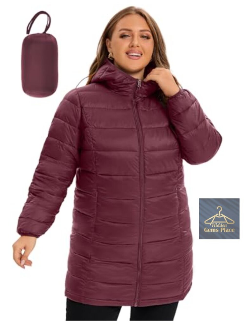 Plus Size Packable Hooded Puffer Jacket Lightweight Warm 1X-6X